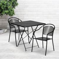 Flash Furniture CO-28SQF-03CHR2-BK-GG 28'' Square Black Indoor-Outdoor Steel Folding Patio Table Set with 2 Round Back Chairs 